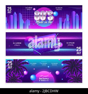 Set aus drei breiten horizontalen realistischen Retro-Wave-Party-Bannern mit Neon-Grafik und editierbarer Text-Vektor-Illustration Stock Vektor