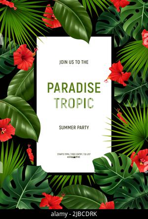 Realistisches vertikales Hibiskus-Poster mit rechteckigem Rahmen bearbeitbarer Text, umgeben von tropischen Kräutern mit roten Blumen Vektorgrafik Stock Vektor