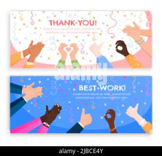 Klatschen ok Herz Hände Applaus Satz von horizontalen Bannern mit bearbeitbarem Text und flachen Urlaub Bilder Vektor-Illustration Stock Vektor
