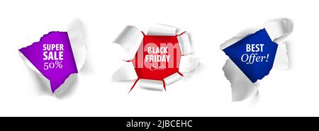 Realistisches Design-Konzept mit schwarzen freitag super Verkauf besten Angebot Text auf Farbhintergrund in zerrissenen Papier Löcher isoliert Vektor-Illustration Stock Vektor