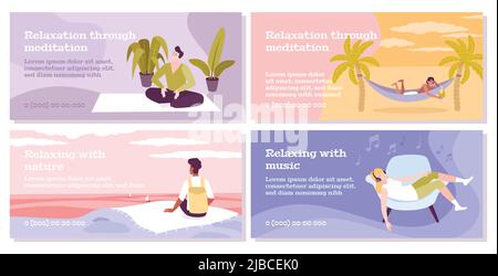 Entspannen Sie sich vier flache Banner Satz von Menschen entspannen mit Musik Natur oder durch Meditation isoliert Vektor Illustration Stock Vektor