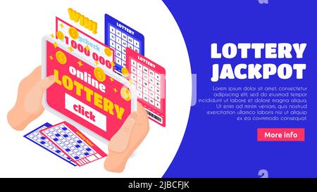 Lotto-Jackpot isometrische Landing Page mit menschlichen Händen halten Lotto-Tickets und gewinnen Gehaltsscheck für Millionen-Dollar-Vektor-Illustration Stock Vektor