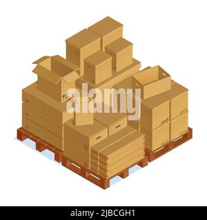 Isometrische Kartons Zusammensetzung mit einem Satz von großen und kleinen Pasteboard-Pakete auf Holzpaletten Oberfläche Vektor-Illustration Stock Vektor