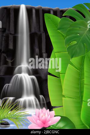 Realistischer tropischer Wasserfall Hintergrund mit Outdoor-Landschaft und Wasser fließt auf Bergfelsen mit exotischen Blättern Vektor-Illustration Stock Vektor