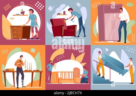 Flache Zusammensetzung mit Menschen machen Reinigung liefern und kaufen Möbel isoliert Vektor Illustration Stock Vektor