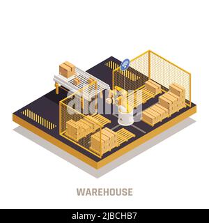 Moderner Warenannahmeprozess im Lager mit automatisiertem Roboterarm, der Ladung isometrisch anfassen und platzieren kann Stock Vektor