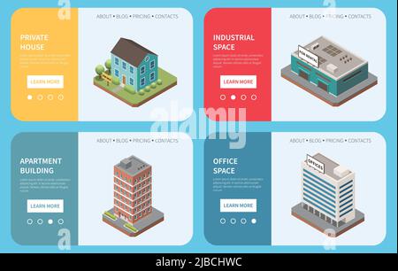 Immobilien-Agentur isometrischen Satz von horizontalen Banner mit Gebäude Bilder Text und erfahren Sie mehr Schaltfläche Vektor Illustration Stock Vektor