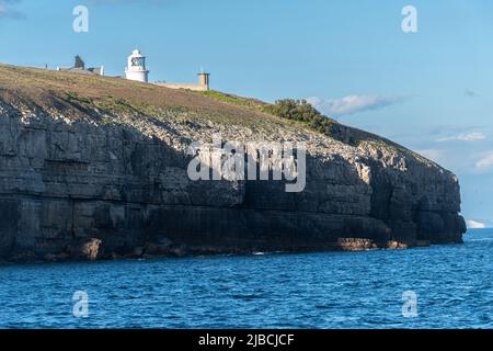 Anvil Point Lighthouse vom Meer aus an der Jurassic Coast of Dorset in der Nähe von Swanage, England, Großbritannien Stockfoto