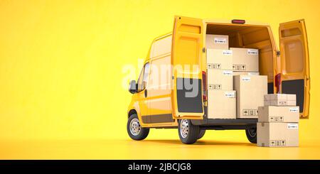 Konzept für schnelle espress-Auslieferung. Rückansicht des gelben Lieferwagens mit Kartons auf gelbem Hintergrund. 3D Abbildung Stockfoto