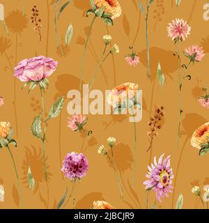 Nahtloses Muster mit leuchtend gelben und rosa Aquarellblumen und Blättern auf Senf-Hintergrund. Stockfoto