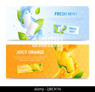Bubble Gum horizontales Banner realistisches Set mit Minze und Orange schmeckt isolierte Vektor-Illustration Stock Vektor