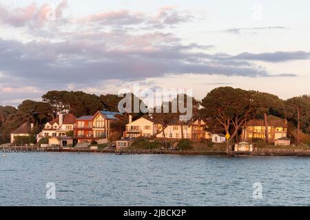 Blick auf exklusive Immobilien Häuser auf Sandbanks vom Meer aus, einer wohlhabenden Gegend von Poole, Dorset, England, Großbritannien kurz vor Sonnenuntergang an einem sonnigen Maitag Stockfoto