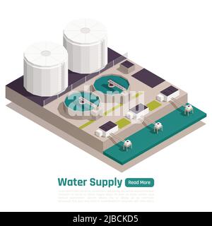 Isometrischer Hintergrund der Wasserversorgung mit Text und Ansicht der Filter- und Lagereinrichtungen für Kläranlagen, Vektorgrafik Stock Vektor