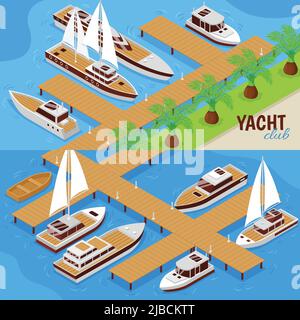 Satz von zwei horizontalen Banner mit Yacht Club Peer und Schiffe 3D isometrische isolierte Vektor-Illustration Stock Vektor