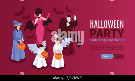 Isometrisches halloween-Party-horizontales Banner mit epischen Charakteren mit Kürbissen und bearbeitbarem Text mit mehr Button-Vektor-Illustration Stock Vektor