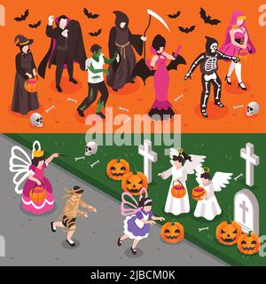 Halloween-Banner mit Erwachsenen und Kindern tragen Party-Kostüme von guten und bösen Kreaturen isometrische isolierte Vektor-Illustration Stock Vektor