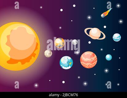 Astronomie isometrische Zusammensetzung mit Blick auf den Weltraum und Bilder von Sonne und Sonnensystem Planeten Vektor-Illustration Stock Vektor