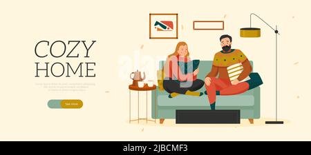 Gemütliches Zuhause horizontal flaches Banner mit Mann und Frau in Pullover sitzen auf Sofa mit Kissen Vektor-Illustration Stock Vektor