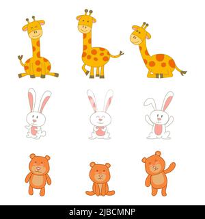 Set von niedlichen Tier der Giraffe Kaninchen und Bär auf Cartoon-Version, Vektor-Illustration Stock Vektor