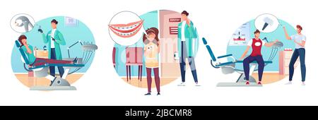 Zahnmedizin Kompositionen mit flachen menschlichen Charakteren von erwachsenen Patienten Kinder und Zahnchirurgen in Büro Vektor-Illustration gesetzt Stock Vektor