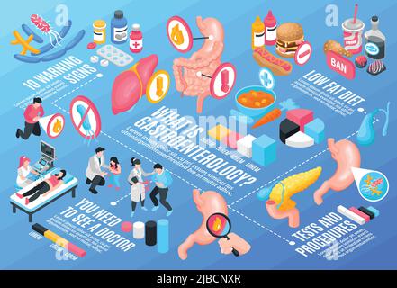 Isometrische Gastroenterologie horizontale Zusammensetzung mit müssen Sie einen Arzt fettarme Diät-Test und Verfahren Beschreibungen Vektor Illustration sehen Stock Vektor