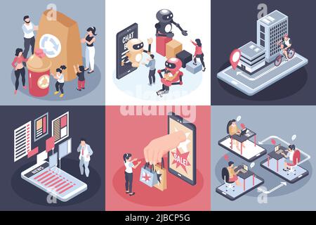 Isometrische globale Verbraucher Trends Design-Konzept mit multifunktionalen Häusern Wiederverwendung private Personalisierung und neue Technologie Beschreibungen Vektor il Stock Vektor