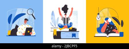 Online-Bibliothek Design-Konzept mit Menschen Bücher im Notizbuch lesen und Hörbücher flache Vektor-Illustration hören Stock Vektor