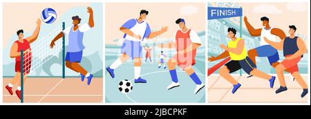 Sportstadion Satz von quadratischen Kompositionen mit Outdoor-Landschaften und flachen Athleten Charaktere in Team Uniform Vektor-Illustration Stock Vektor