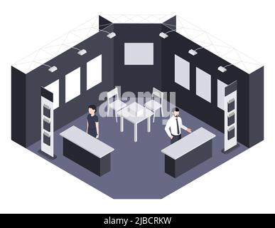 Expo Center isometrischen Hintergrund illustrierte Ausstellungsabschnitt mit Beratern warten auf Besucher Vektor-Illustration Stock Vektor