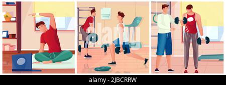 Flaches Design Bodybuilding Komposition Set mit Menschen Stretching Training mit Langhanteln und Kurzhanteln isoliert Vektor-Illustration Stock Vektor