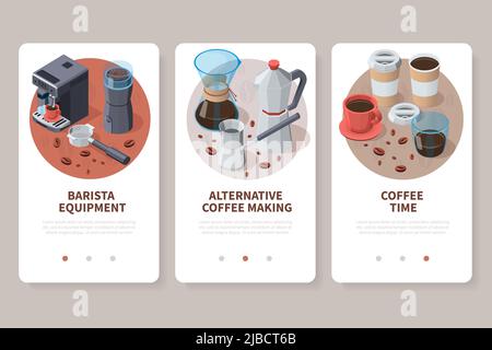 Professionelle Barista Kaffeeausrüstung isometrischer Satz vertikaler Banner mit Seitenwechsel-Tasten und editierbarer Textvektordarstellung Stock Vektor