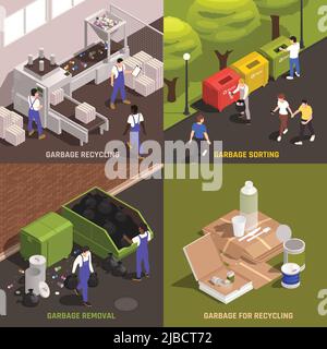 Müll 2x2 Design-Konzept Satz von Sortierung Entfernung und Recycling quadratische Kompositionen isometrische Vektor-Illustration Stock Vektor