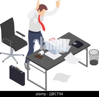 Professionelle Burnout Depression Frustration isometrische Zusammensetzung mit wütenden Arbeiter und Stapel von Papierkram Vektor-Illustration Stock Vektor