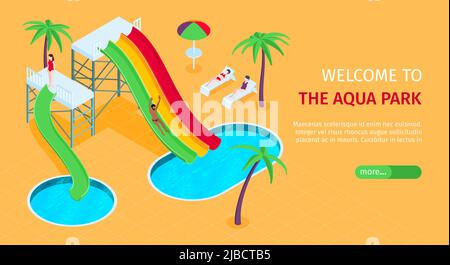 Aquapark Website isometrische Zusammensetzung mit Wasserrutschen Pools Palmen horizontale Sandfarbe Hintergrund Web Banner Vektor Illustration Stock Vektor