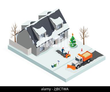 Schnee Reinigung suburbanen Zusammensetzung mit Mann mit Griff Schneepflug und Schneepflug Entfernung LKW Reinigung schneebedeckten Straße isometrische Vektor-Illustration Stock Vektor