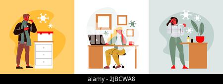 Grippe-Design-Konzept mit einem Satz von drei quadratischen Zusammensetzungen von Menschen, die mit Virusbakterien erkälten Vektordarstellung Stock Vektor