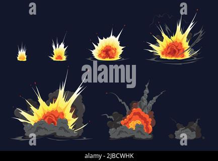 Bomb Explosion Cartoon Animation Comics Streifen Serie mit bunten Feuer Knall Trümmer Wolke schwarzen Hintergrund Vektor Illustration Stock Vektor