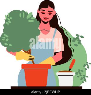 Gartenarbeit Zusammensetzung mit Charakter der weiblichen Gärtner Pflanzen Baum in Blumentopf Vektor-Illustration Stock Vektor