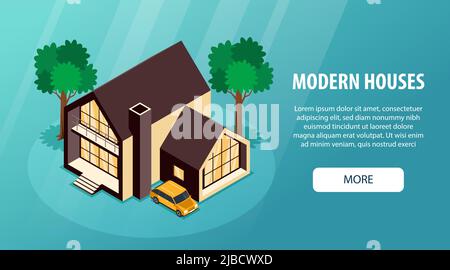 Moderne Vorstadt Bereich Häuser isometrische Landing Page mit zeitgenössischen Familie Cottage Bäume Auto Hintergrund Banner Vektor Illustration Stock Vektor