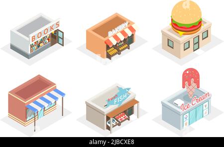 Vector speichert und speichert 3D isometrische Symbole. Fastfood und Bäckerei, frischer Fisch und Eis, Design Fassade Gebäude Illustration Stock Vektor