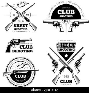 Vintage Pistole Club Labels, Logos, Embleme Set. Abzeichen und Waffe, Waffe Gewehr, Vektor-Illustration Stock Vektor