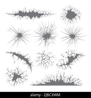Risse in der Wand, Glasspalten und Erdbruch. Vektorrisse. Geschliffene Spaltbildung, Darstellung von Oberflächenrissen Stock Vektor