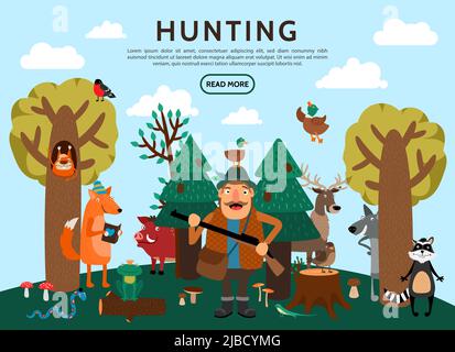 Flache Jagd Konzept mit Jäger halten Waffe Fuchs Frosch Wolf Wildschwein Vögel Elch Schlange Waschbär Eichhörnchen in Wald Vektor-Illustration Stock Vektor