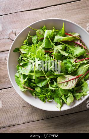 Grüner Salat. Gesunder grüner Salat, frische Bio-Blätter mischen Salat mit Rucola, mangold und Salat aus nächster Nähe. Stockfoto