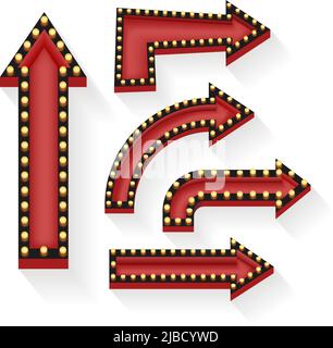 Retro-Pfeile mit Glühbirnen. Vintage und Schild, elektrischer Zeiger, Zeigen und Richtung, Neon-Leuchten. Vektorgrafik Stock Vektor