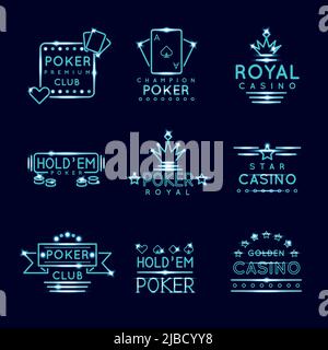 Vintage Neon Hipster Poker Club und Casino Schilder. Royal Glücksspiel Spiel, Risiko und Chance, Vektor-Illustration Stock Vektor