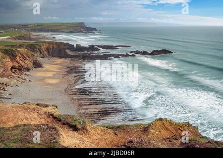 Der South West Coastal Fußweg schlängelt sich entlang der Klippen mit Blick auf Bideford Bay und hinunter durch einen Stil zur beliebten Küstenstadt Cornichs Stockfoto