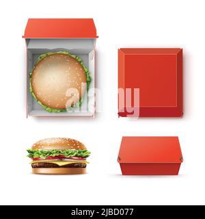 Vektor-Set von realistischen leeren Roter Karton Verpackung Box Container für Branding mit Hamburger Classic Burger American Cheeseburger Close Up Top Sid Stock Vektor