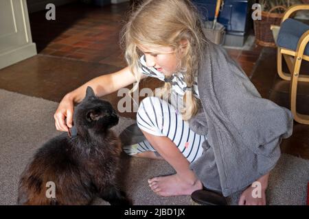 Mädchen 8 Katze Liebhaber kniet zu Hause im Haus lächelnd, kämmen Fell, Pflege und streichelte flauschige schwarze Norwegische Waldkatze UK KATHY DEWITT Stockfoto