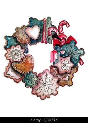 Aquarell illustrative Weihnachten süßen Kranz von Lebkuchen, stilisiert als Schneeflocken und Herzen, für Weihnachten Aufkleber, Postkarten, drucken Stockfoto